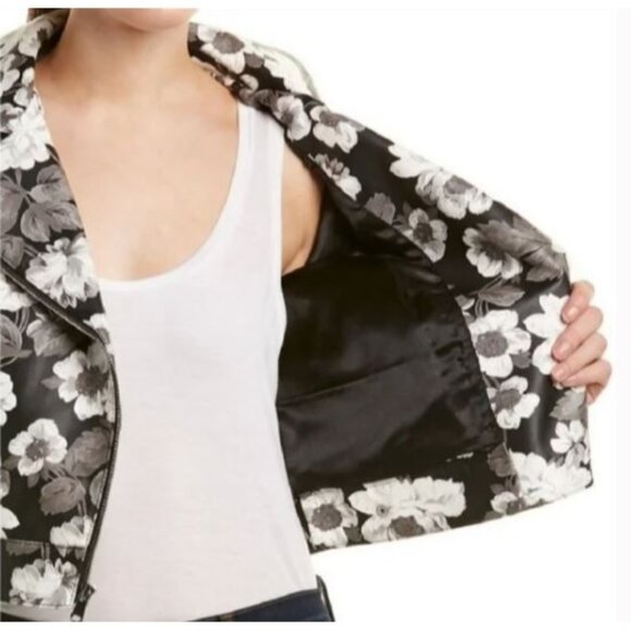 Sam Edelman Moto Jacket Floral Print Vegan Leather Gray Black White Size M 1823 - Picture 7 of 13